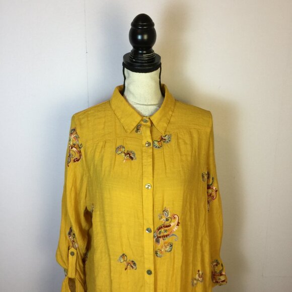 Anthropologie Fig & Flower Top Shirt XL Womans Yellow Embroidered Button Up Boho - Picture 11 of 16